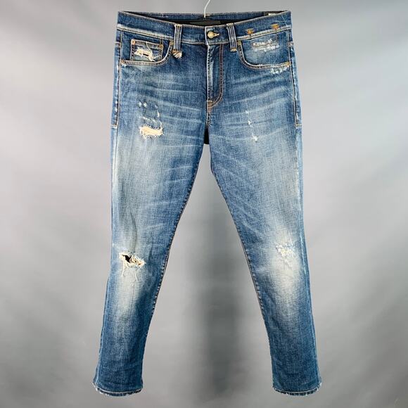 R13 SS15 Size 31 Blue Distressed Cotton Blend Slim Tapered Jeans - Picture 1 of 10